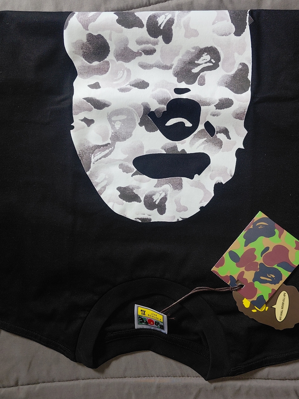 Bape Black Tee with White & Gray Camo Ape Face